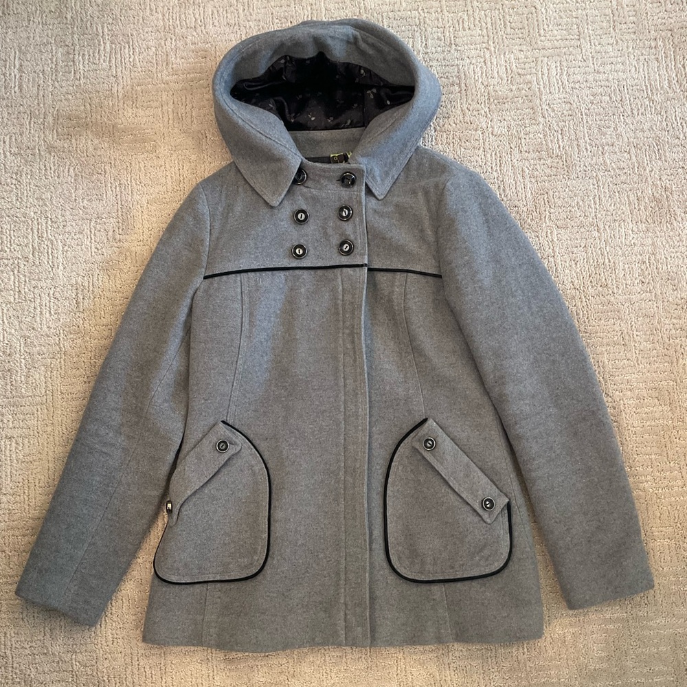 🩶💚 Soia & Kyo Wool Blend Coat Double Breasted Hooded Tagged L Fits M Luxury